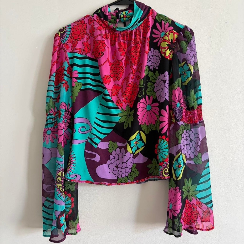 Bisou Bisou Michele Bohbot Mock Neck Blouse Bold Psychedelic Floral Print Medium