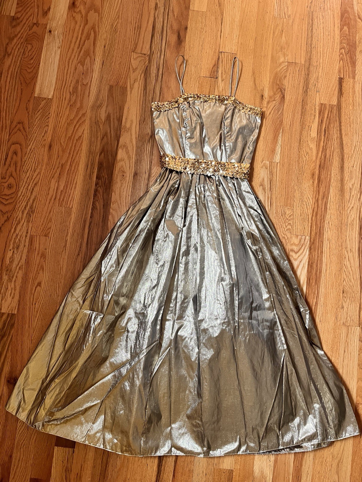 Vintage 80’s JC Penny Gold Lame Gown Party Prom Sequin Spaghetti Strap Dress XS