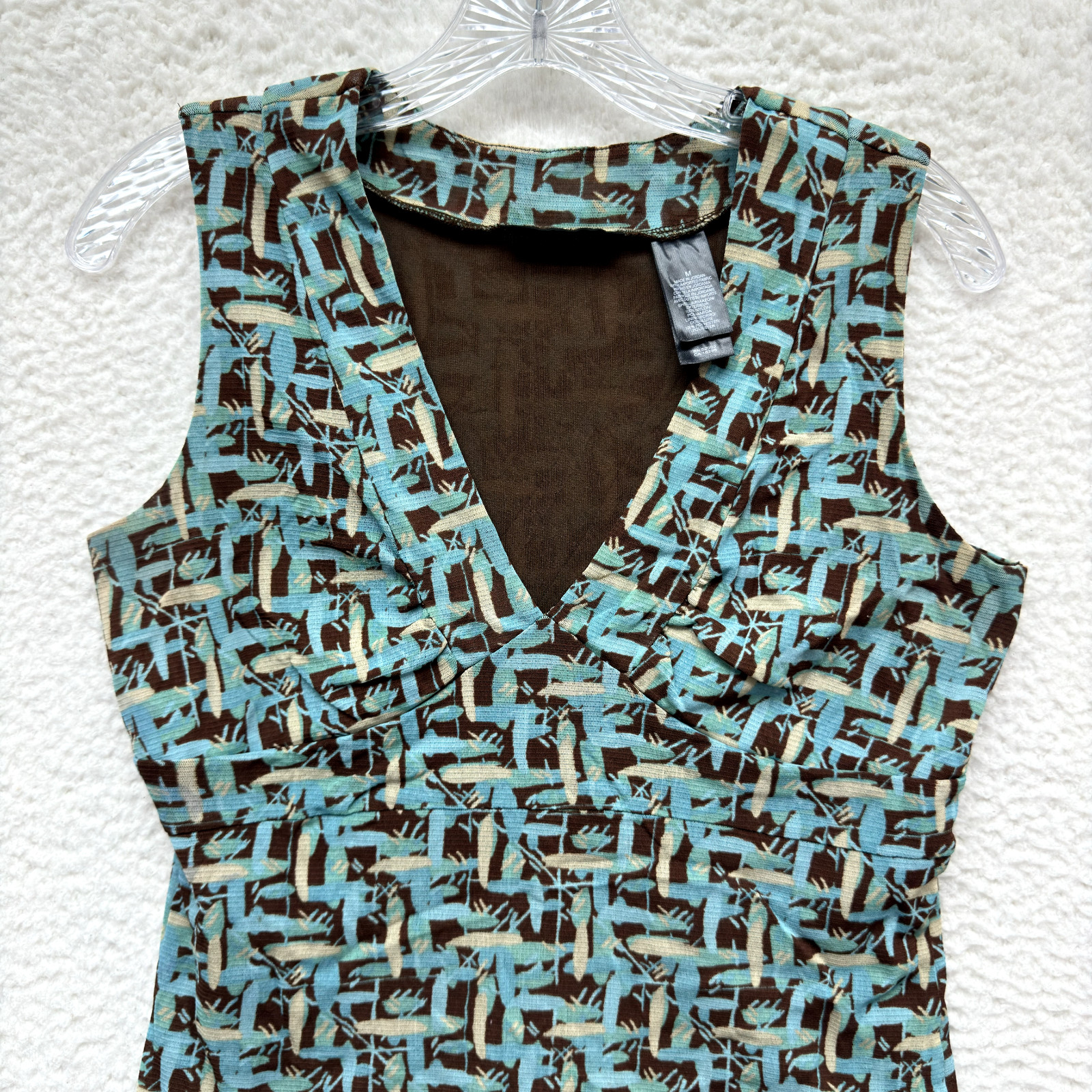 Y2K Vintage Mesh Top Medium Brown Blue Pattern Corpcore Office Corporate