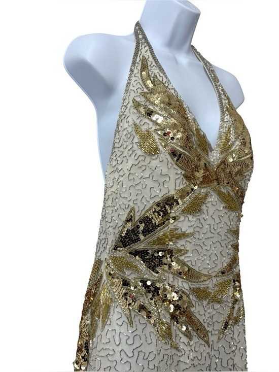 VTG NITE Lime 100% Silk Beaded 90s Showgirl Sequin Beige Gold Dress Size 8