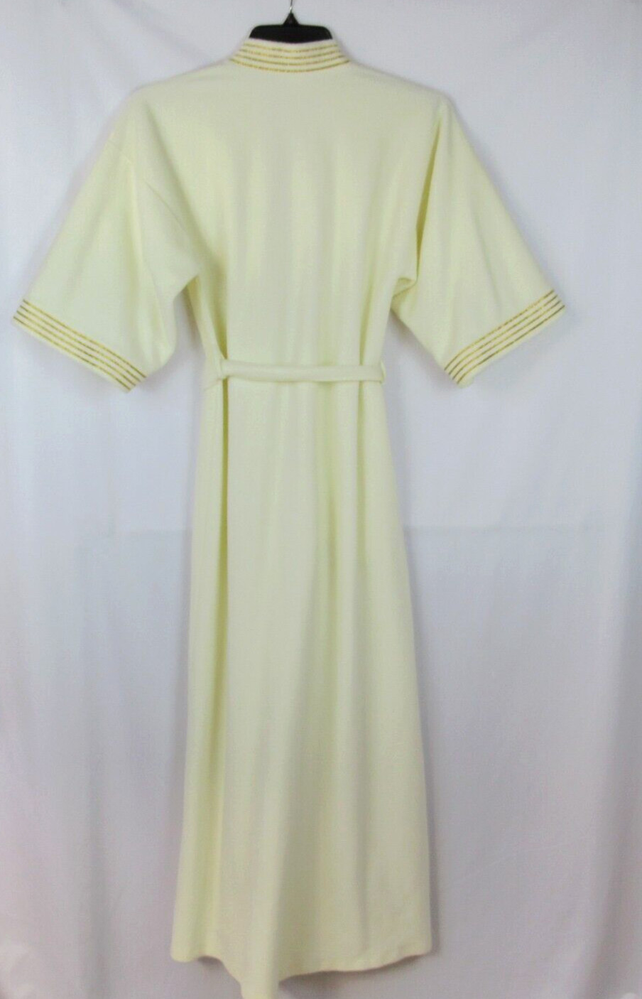 Vintage SEARS Cream Robe Gold Metallic Trim Belt SMALL 3/4 Sleeves At Home Wear
