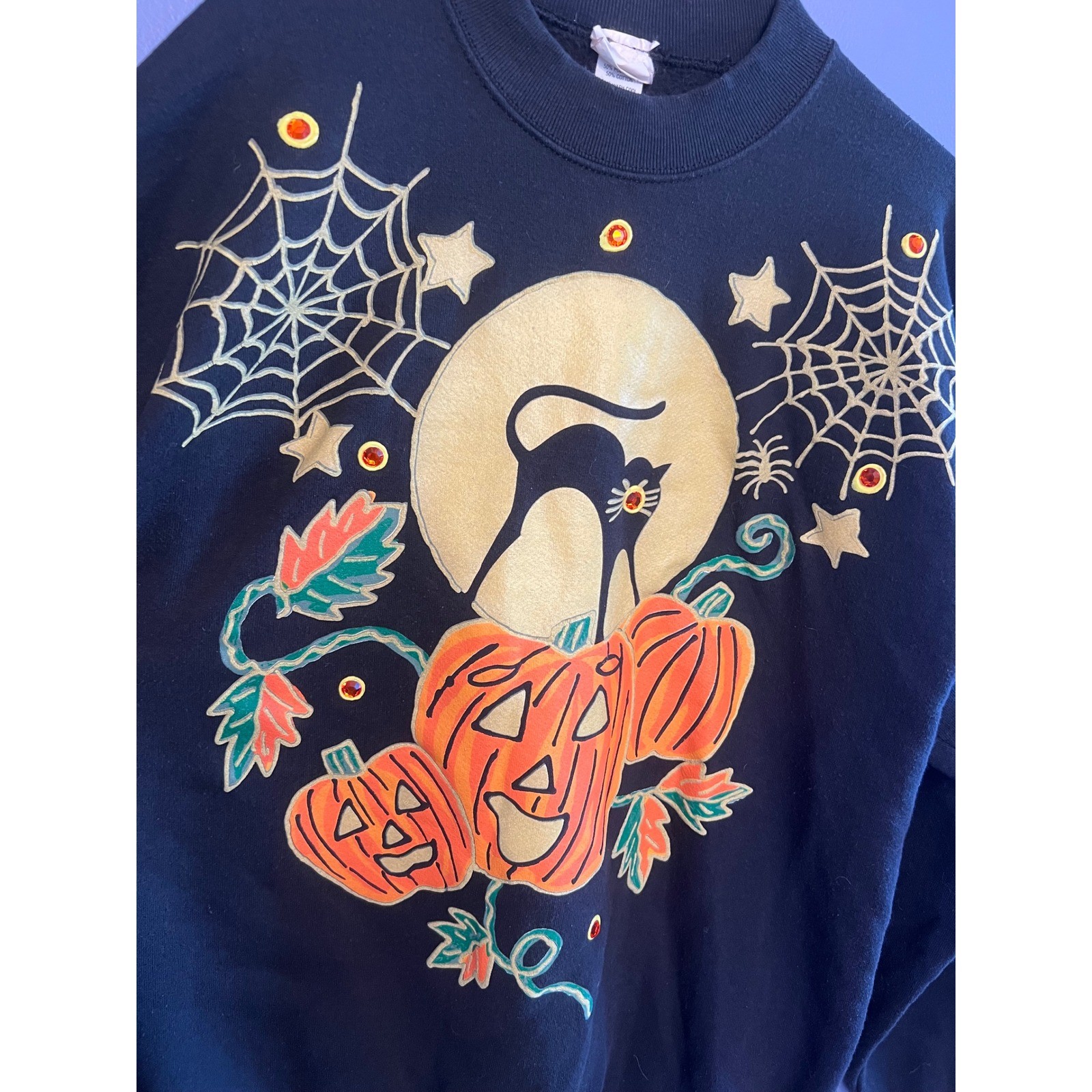 Vintage India Ink Hand Painted Women’s Halloween Crew Neck Sweater OS Black Cats