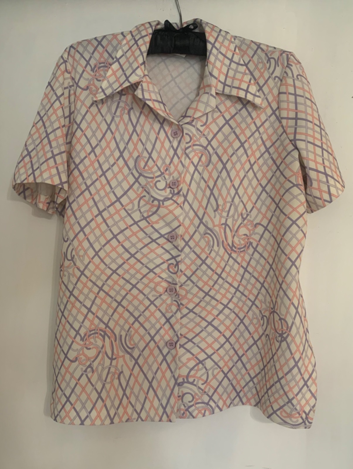 Funky Vintage 70s Women’s Button Down Polyester Top in Ivory, Purple, and Peach