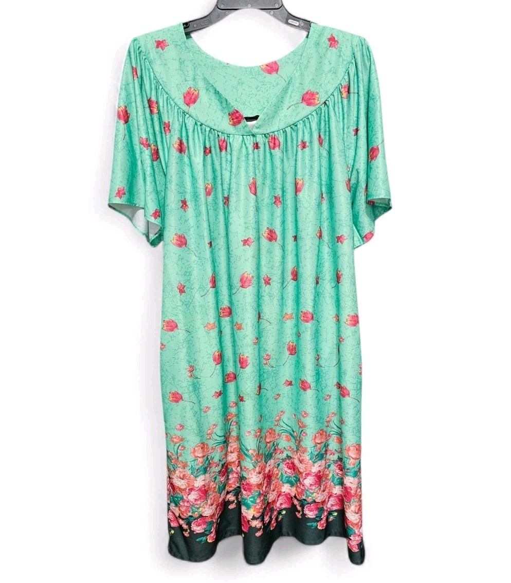 Vintage Anthony Richards Housedress MuMu Green Floral Pull Over Pockets Size 1X