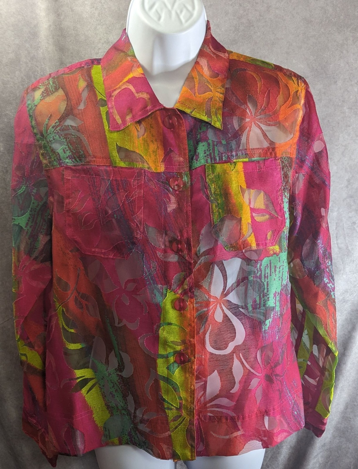 Vintage Sheer Multicolor Floral Button-Up Shirt By Erin London Size S