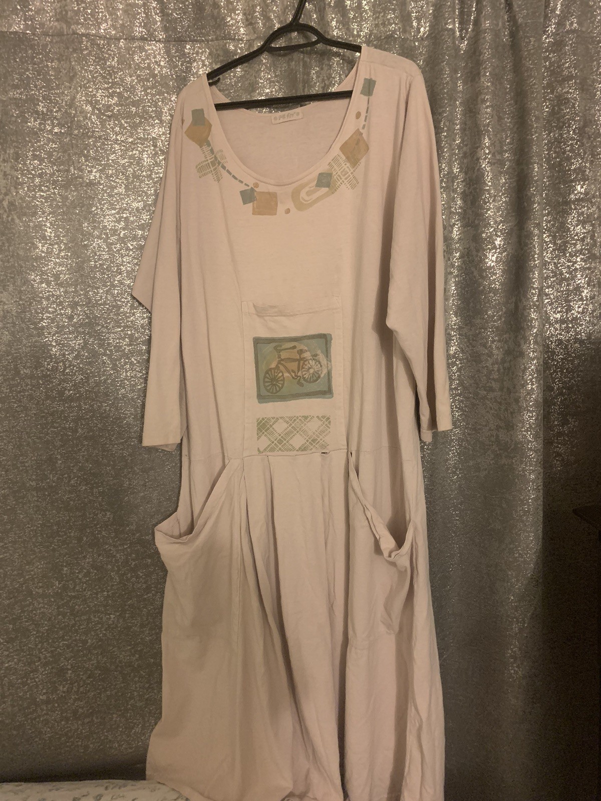 Blue Fish Hand Painted Maxi Dress Tunic cotton 2XL Oversized With Pockets
