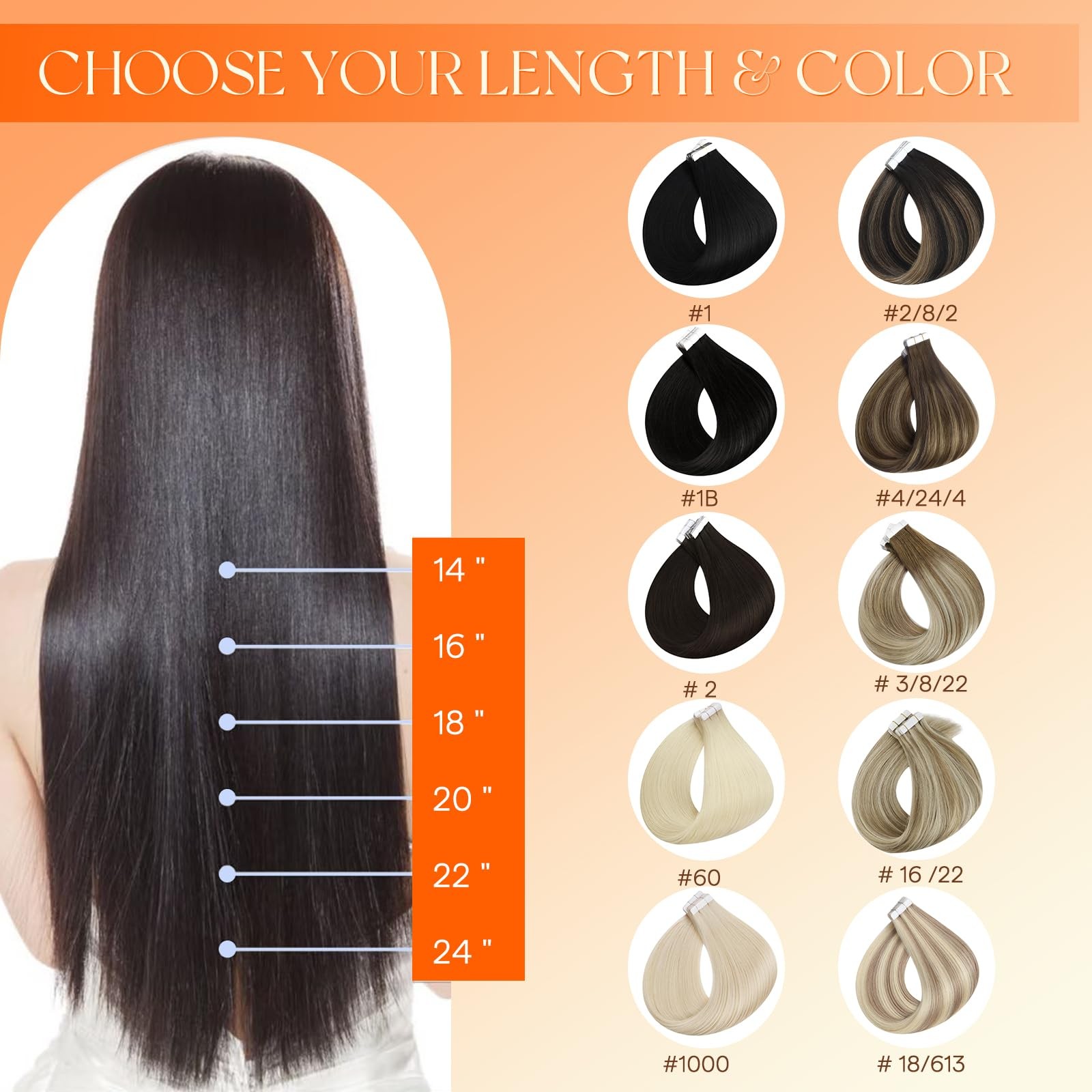 Full Shine Invisible Tape in Hair Extensions Color 1B Human HairInvisi Edge Inje