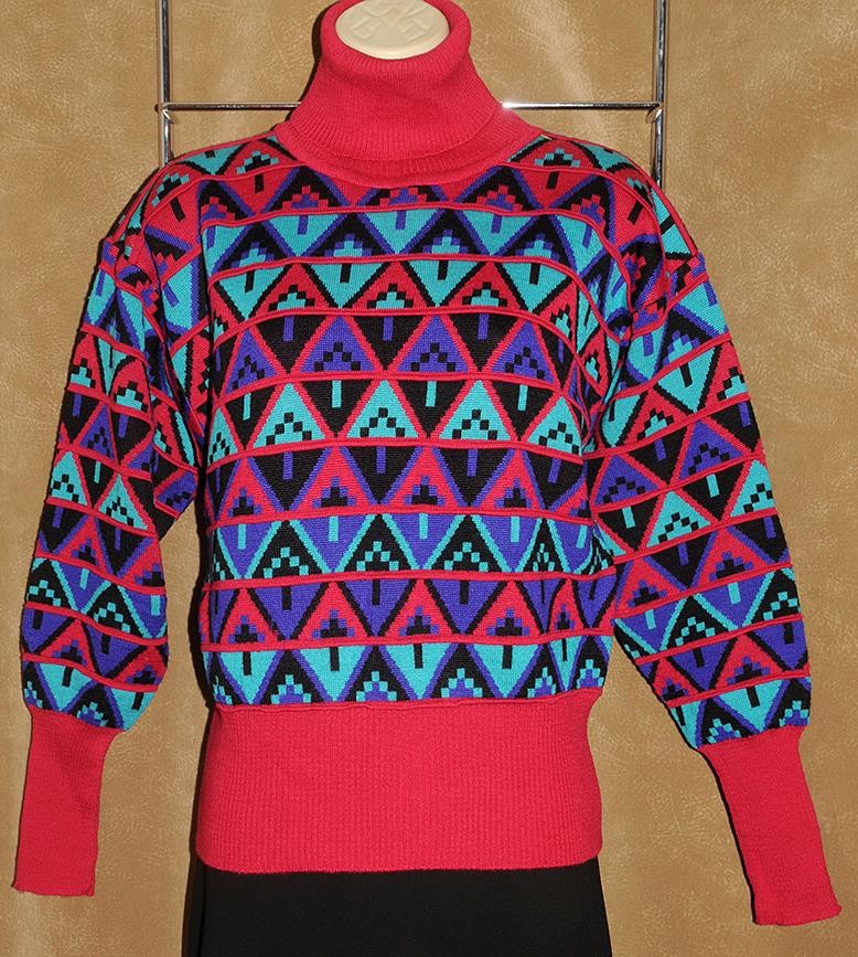 Tyrolia ~ Colorful Pink Geometric Design – WOOL Blend Snow Ski Sweater sz S *VTG
