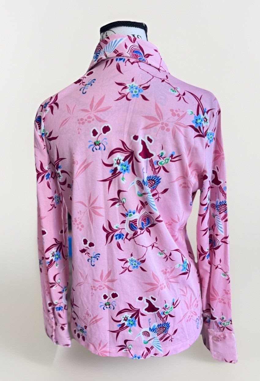 Vintage 70s Lerner Shops Pink Boho Birds & Floral Long Sleeve Button Down Top