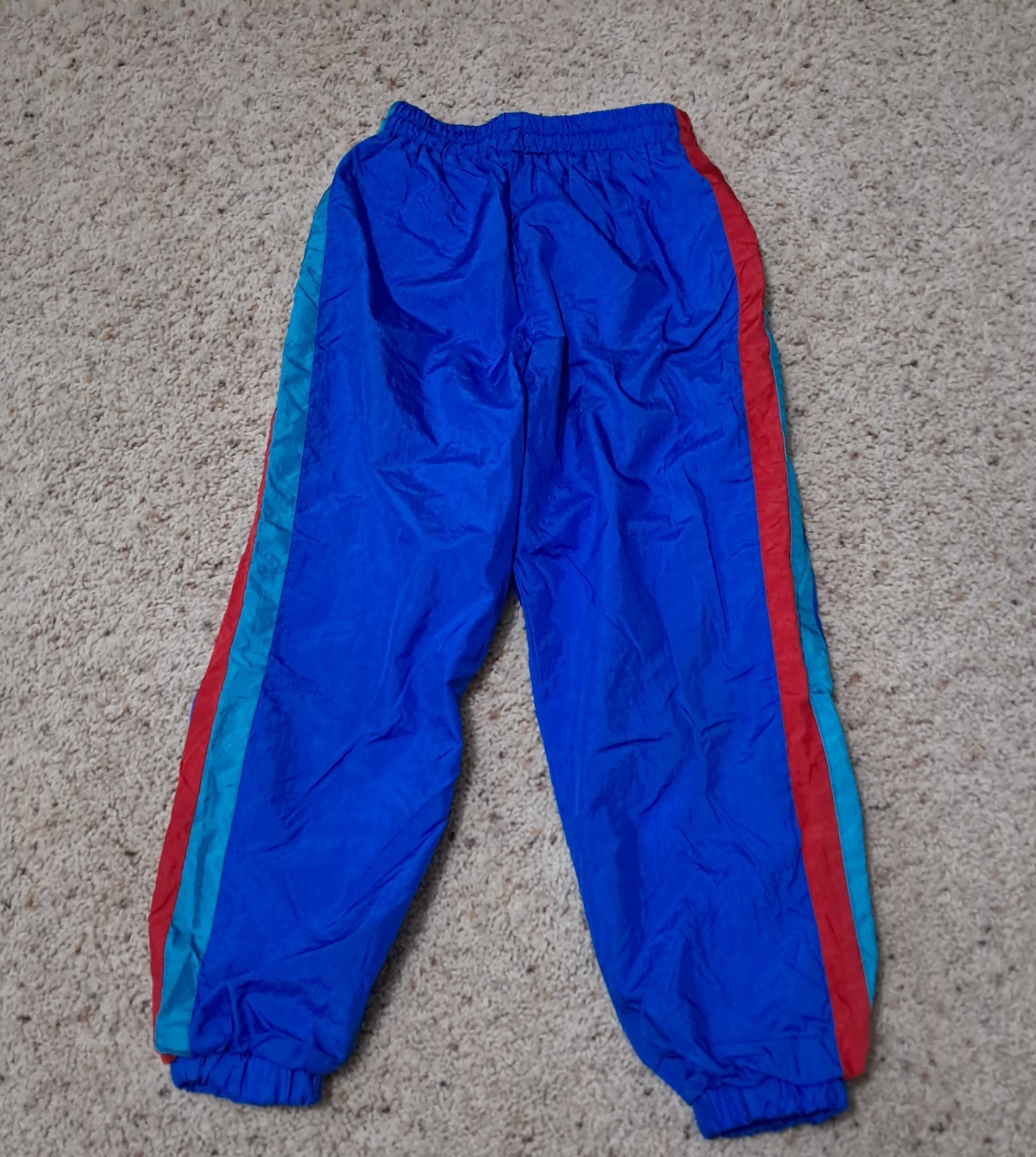 Vintage Nylon Windbreaker Track Pants Kids Size 7 Blue, Teal & Red Stripe Lined