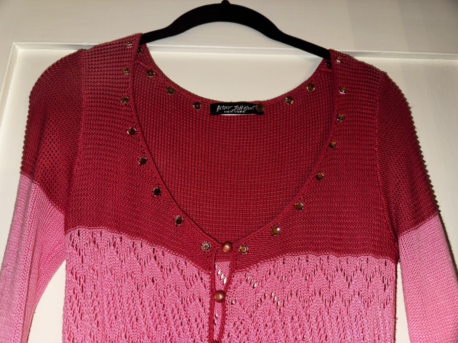 Vintage BETSEY JOHNSON NY Y2K Pink & Red Striped Lacy Cardigan With Rhinestones