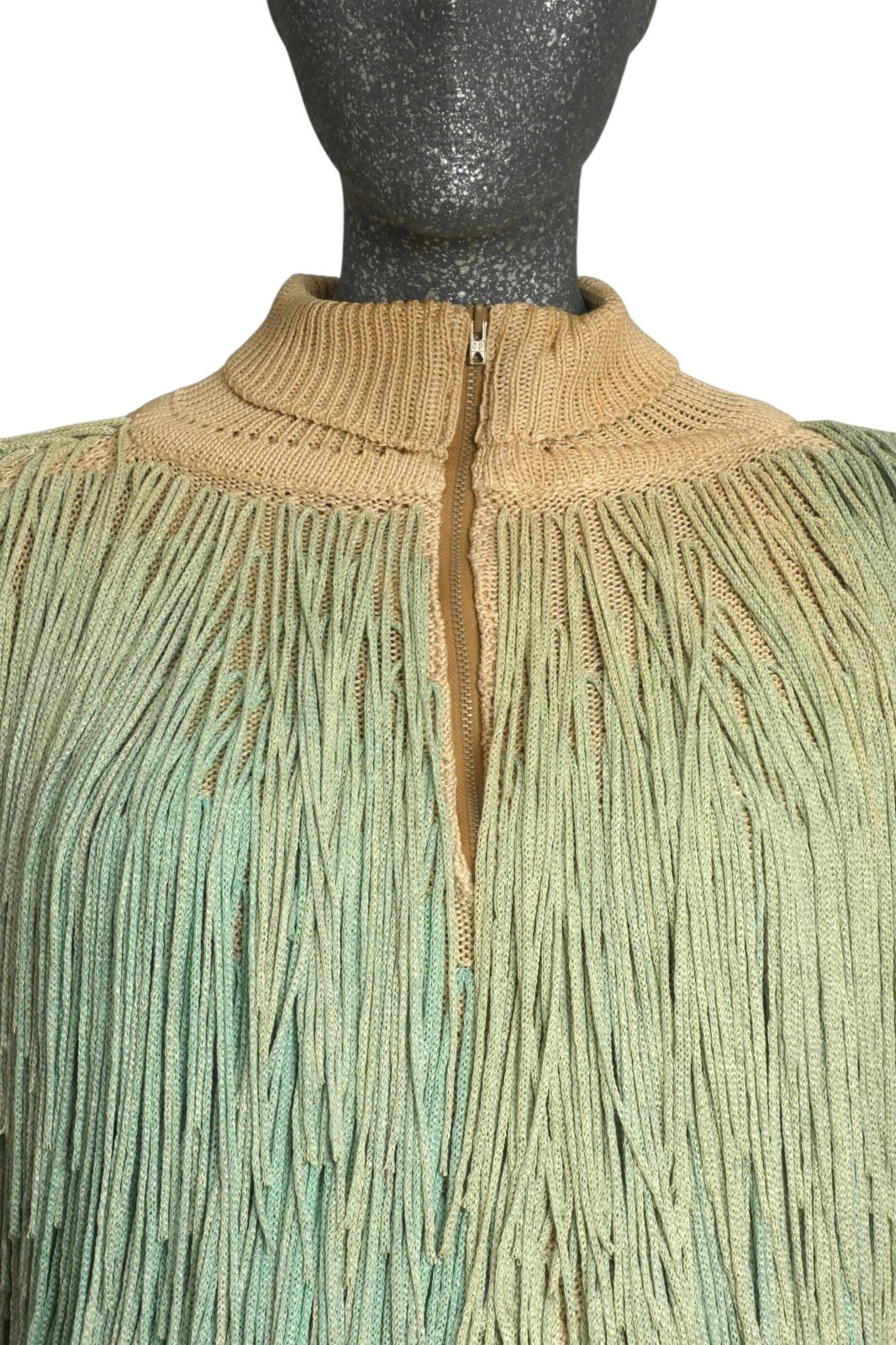 PIERRE CARDIN HAUTE COUTURE – 1973 Green Ombre Fringe Knit Ensemble, Size-4
