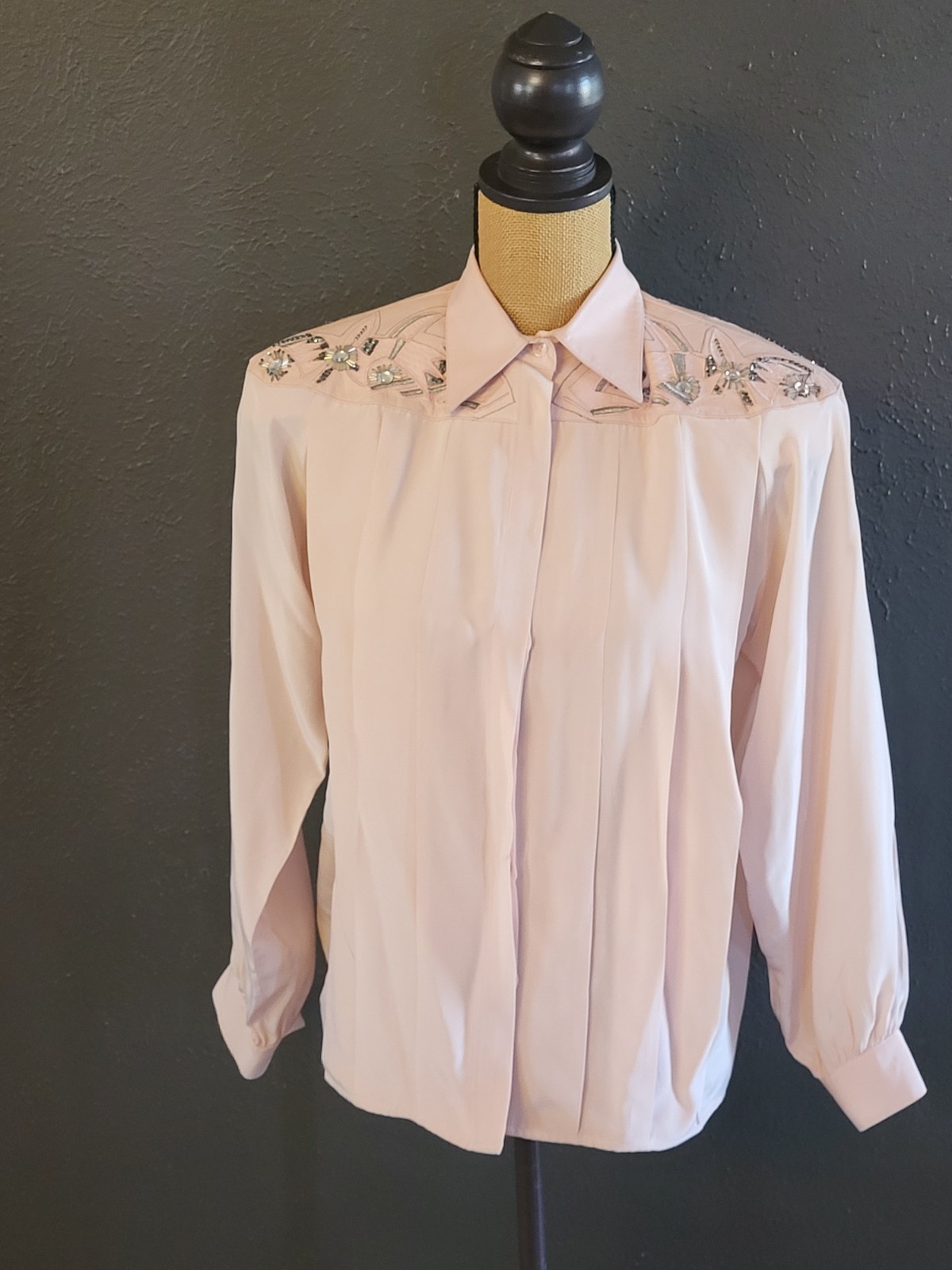 Michelle Stuart Vintage 80s Pink Silk Blouse With A Pink Leather Collar Med