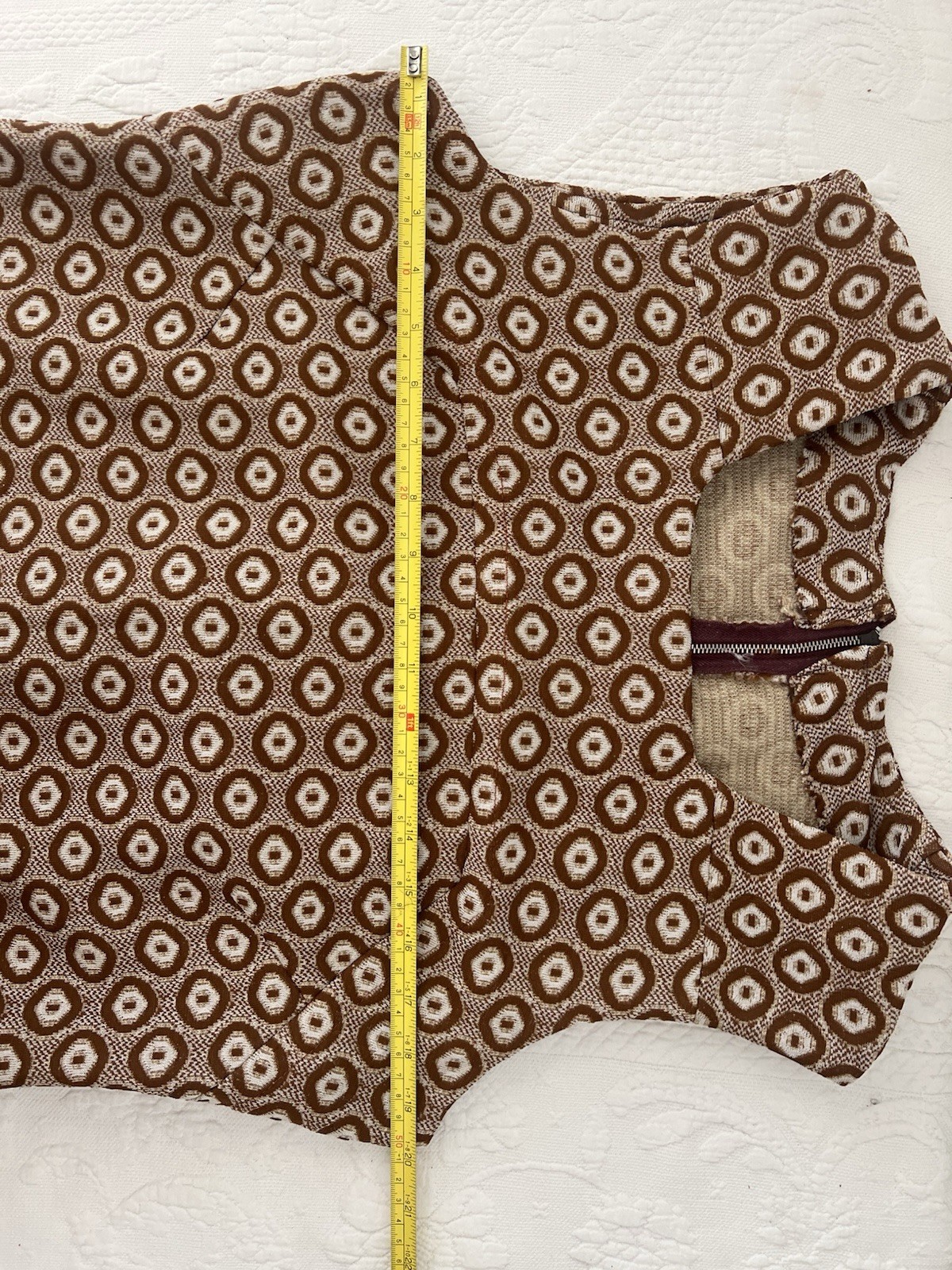 Vtg 60s Mod Shift Dress Brown Geometric Knit Hourglass MCM Medium Large GoGo