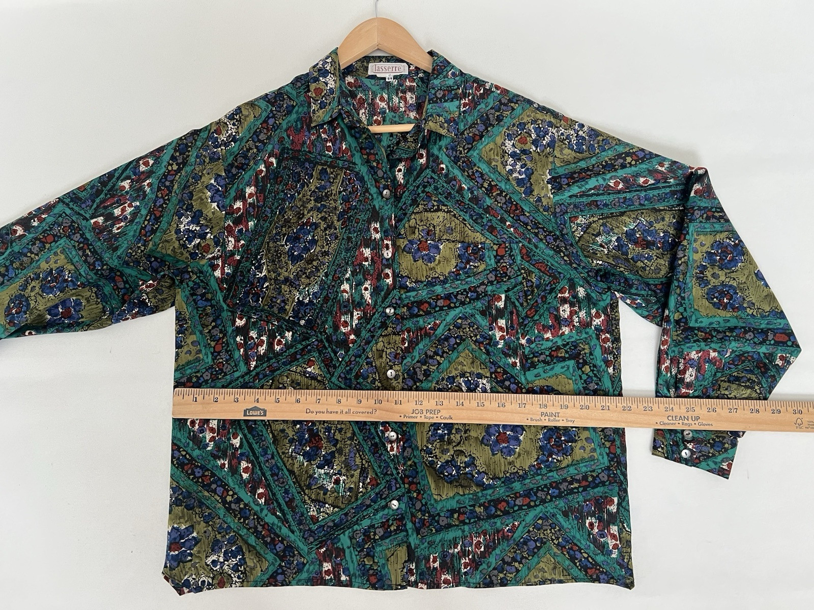 Vintage 80 LASSERRE Paris Floral Green Top Blouse Sz 44/12 US France Luxury Soft