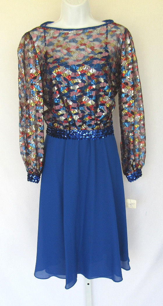 VINTAGE 1960s MARIE TORELLI DRESS & COVER SIZE 6 BLUE POLY ACETATE METALLIC NWT