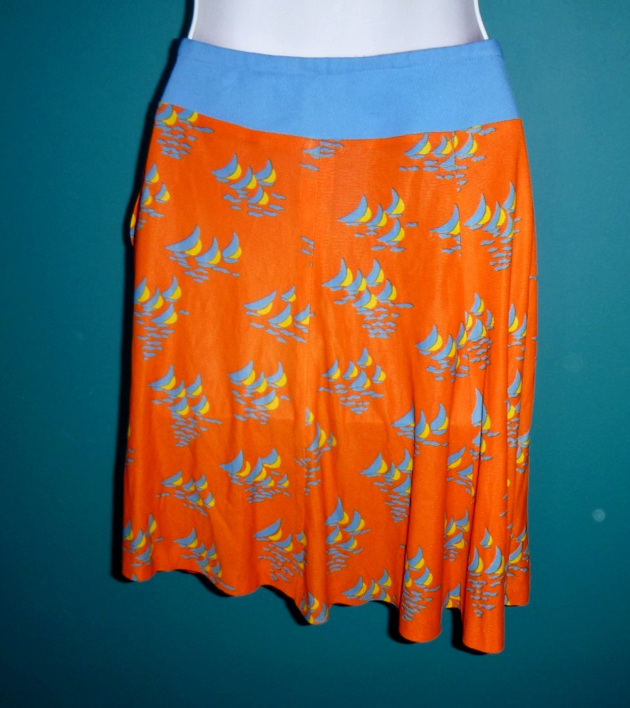 Vtg 60s MOD Knit Mini Skirt Red W/ Blue & Yellow Sailboats Sz XS/S