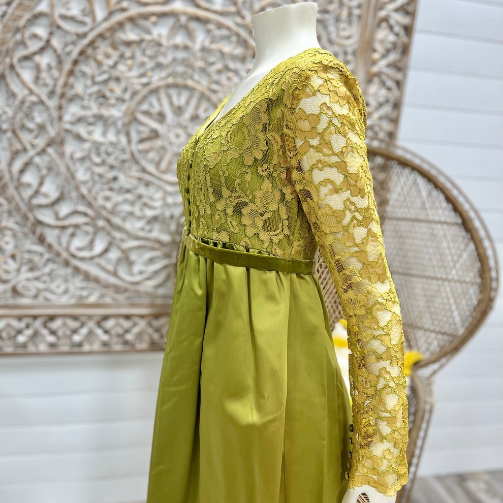 60s Mod Chartreuse Green Lace Elegant Evening Dress