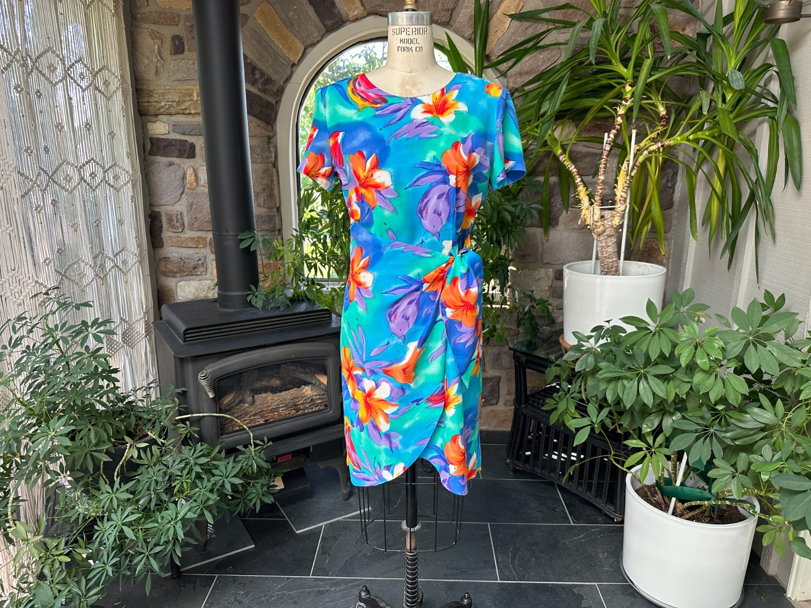 Vintage 1990s Blue and Orange Rayon Floral Sarong Style Dress K C Spencer