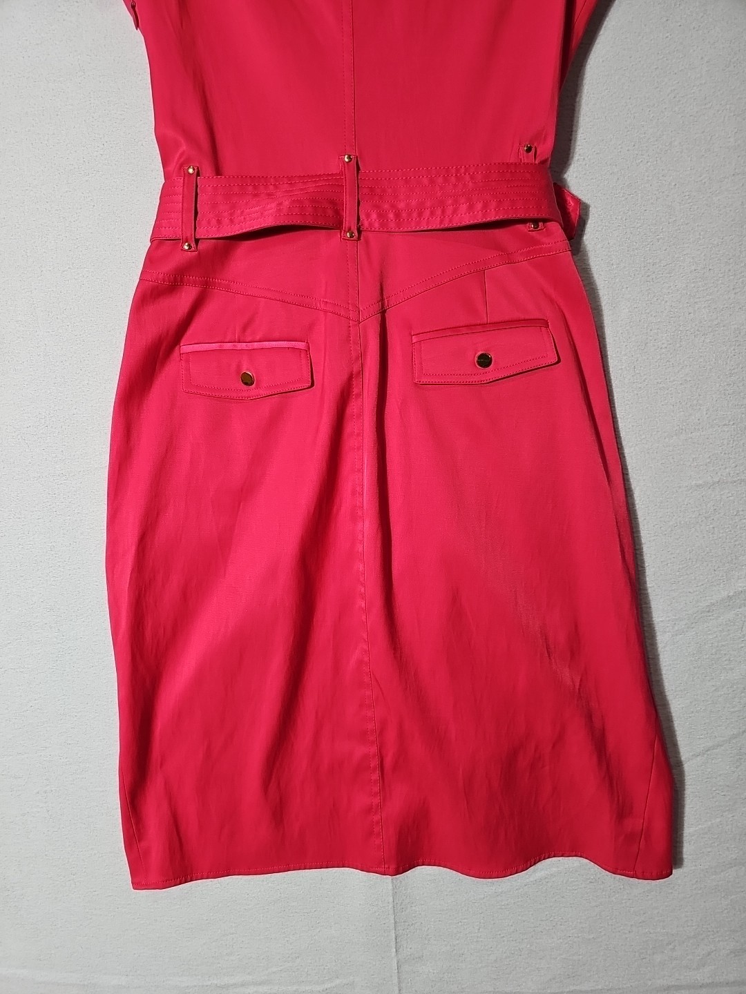 Vtg 90s/Y2K CACHE Dress 8 Pink Belted V Neck Short Sleeve Faux Wrap Gold Button