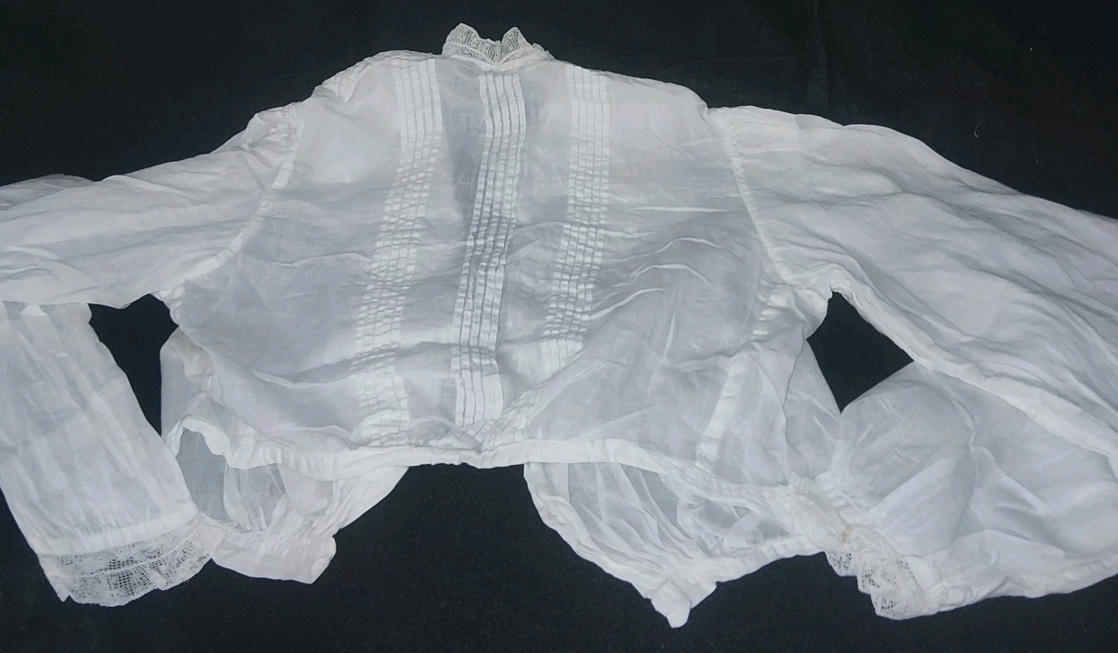 Antique White Victorian Lace Pintuck Blouse High Neck Button Back