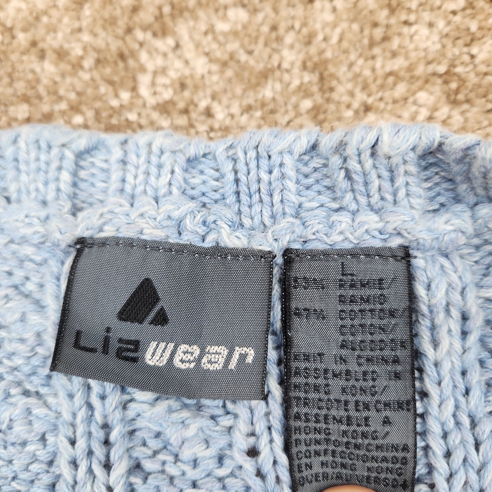 Lizwear Vintage Light Blue Cable Knit Crochet Patchwork Sweater Womens Large L