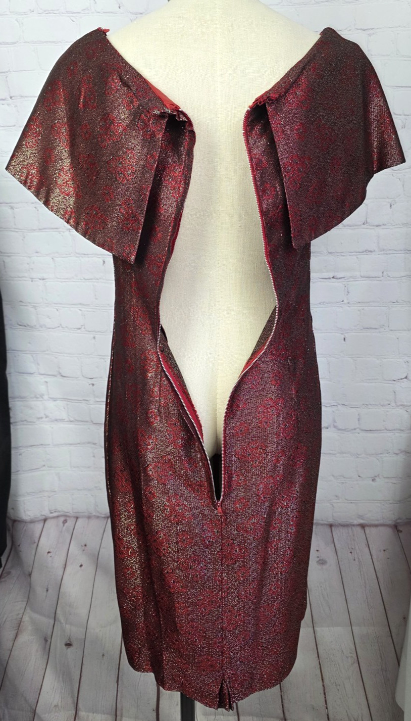 Vintage 60’s Sheath Cocktail Dress Red Gold Metallic Bow Elegant Luxury Glam S/M