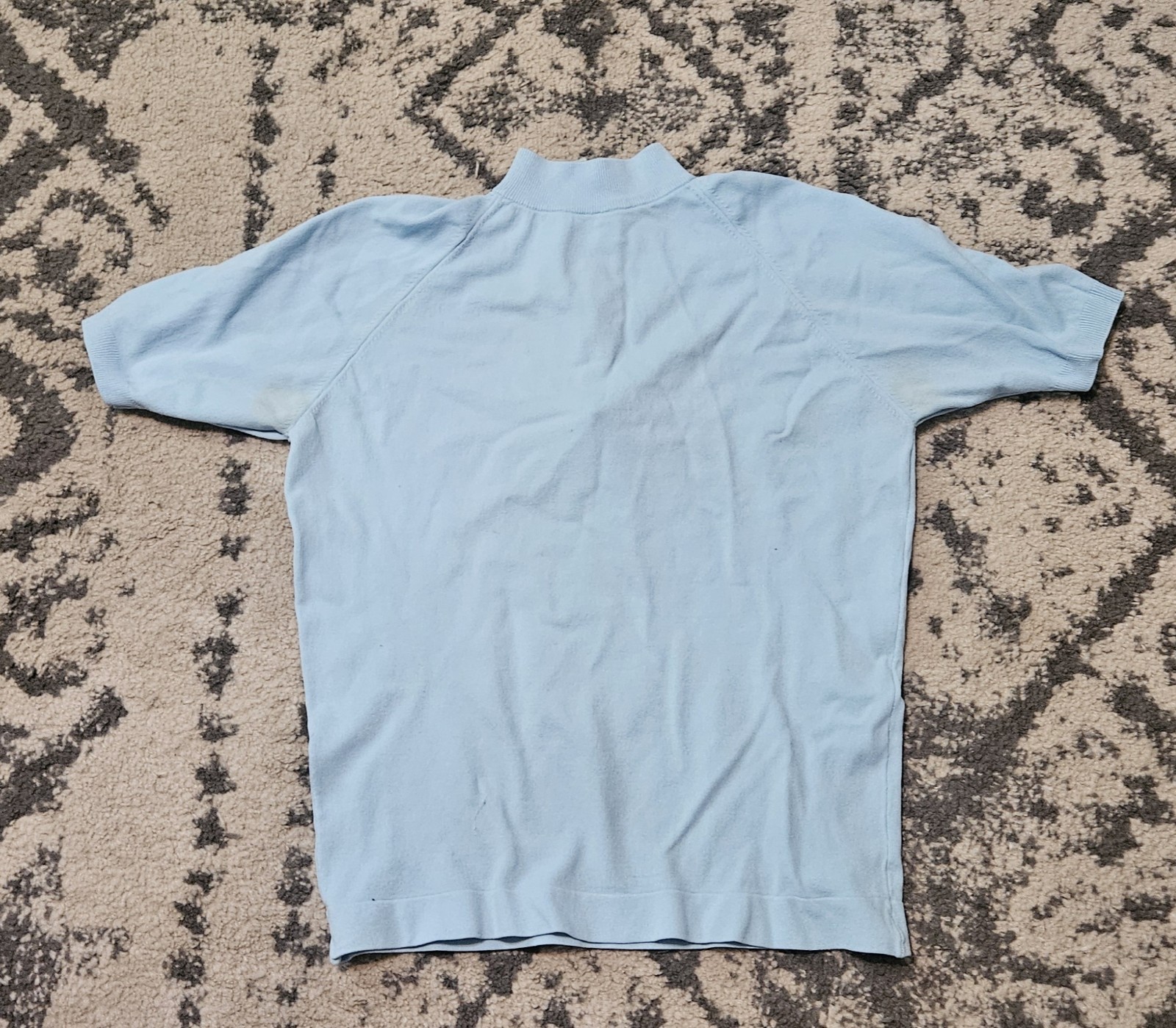 Vintage 70s Light Blue Fully Fashioned High Neck Short Sleeve Top Size M