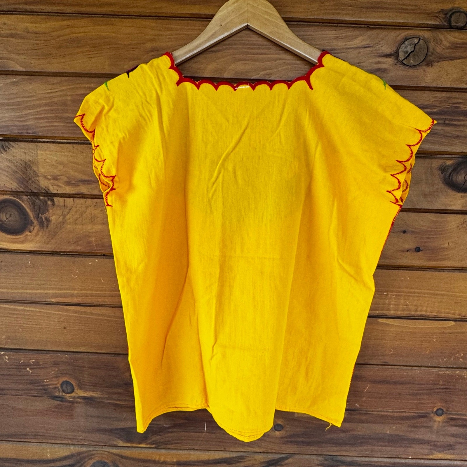 VTG Mexican Yellow Huipil Embroidered Boho Festival Cotton Blouse Top Size M