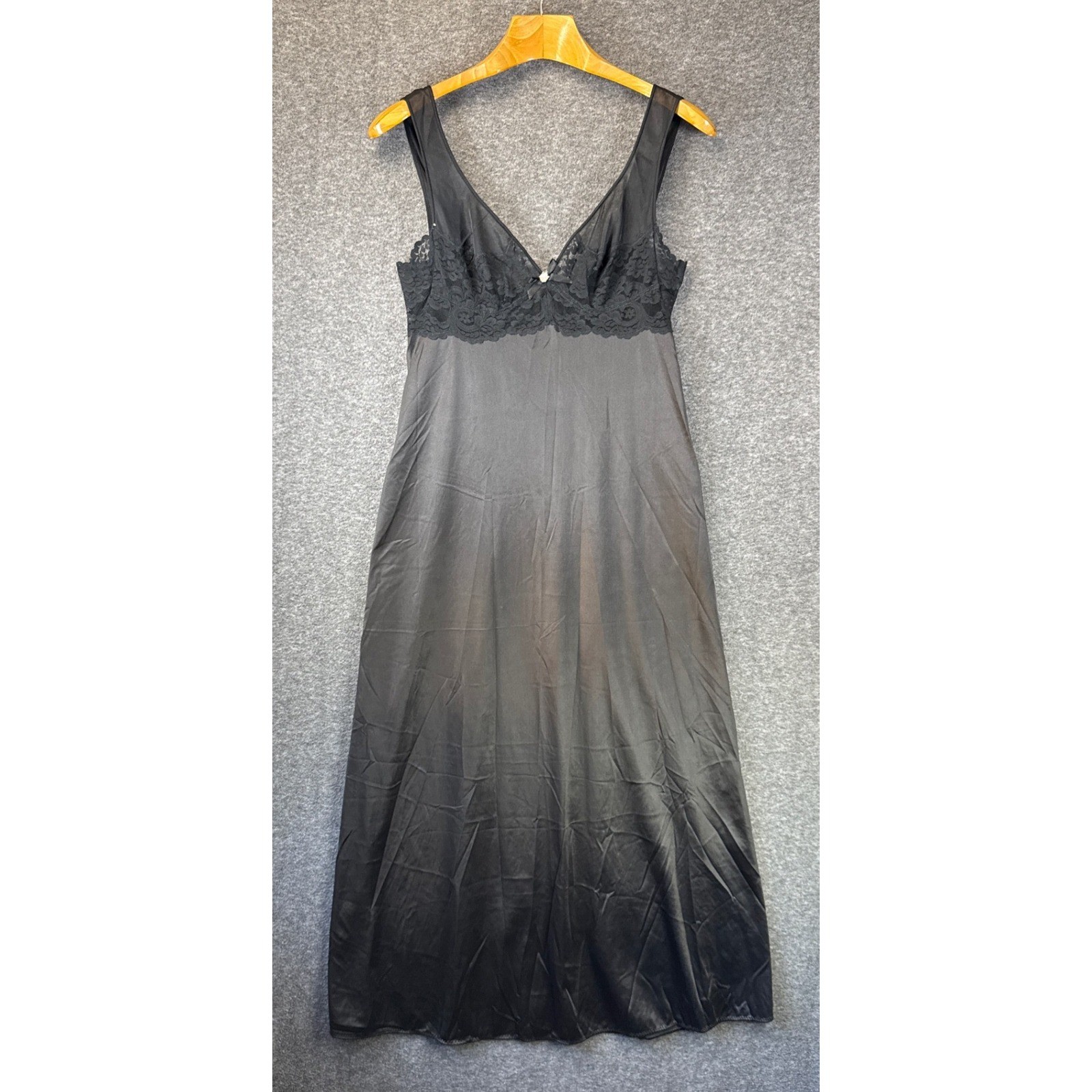 Vtg Glydons Maxi Nightgown Size L Sheer Lace Trim Bow Rosette Romantic USA Made
