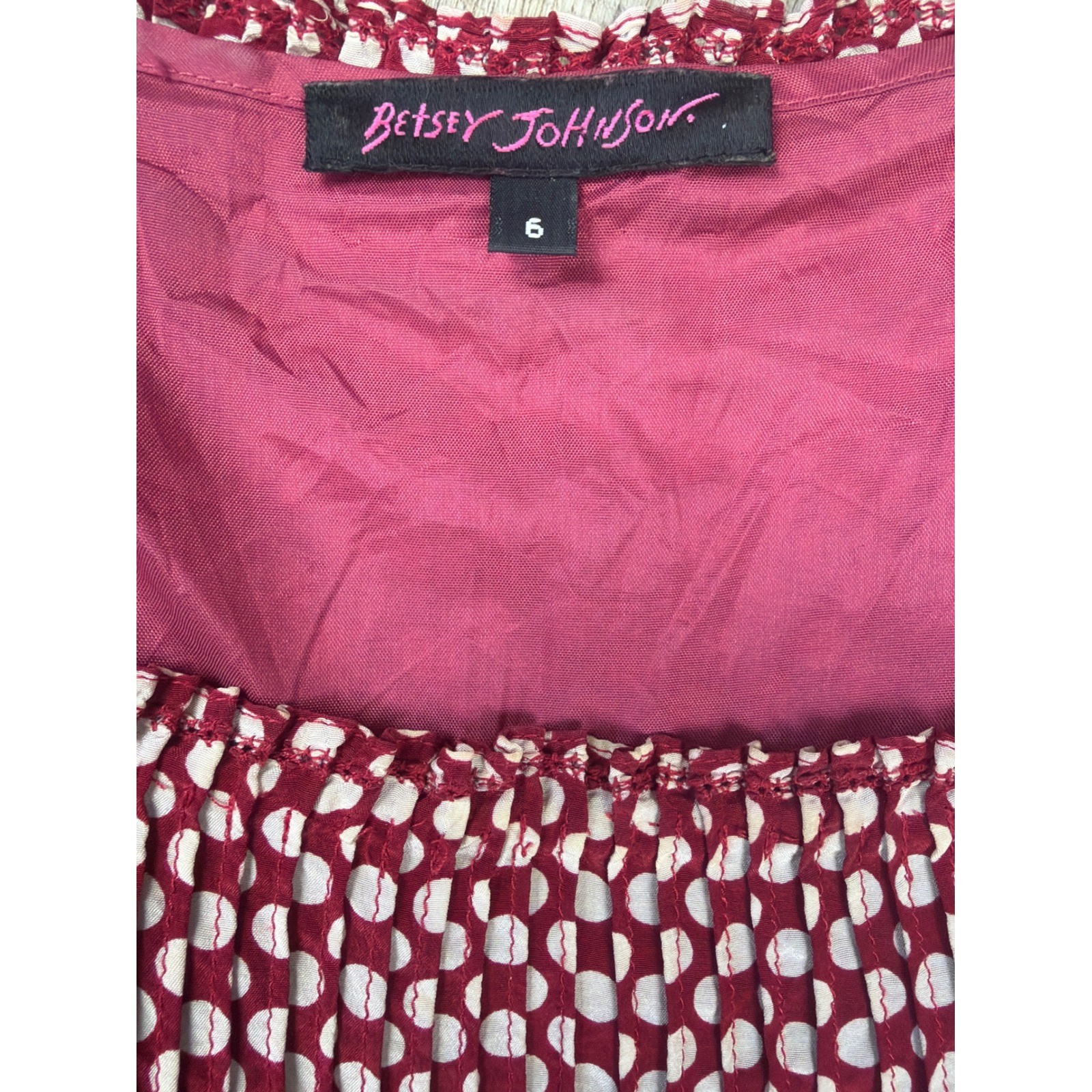Betsey Johnson Vintage Silk Polka Dot Smocked Puff Sleeve Dress Burgundy Size 6