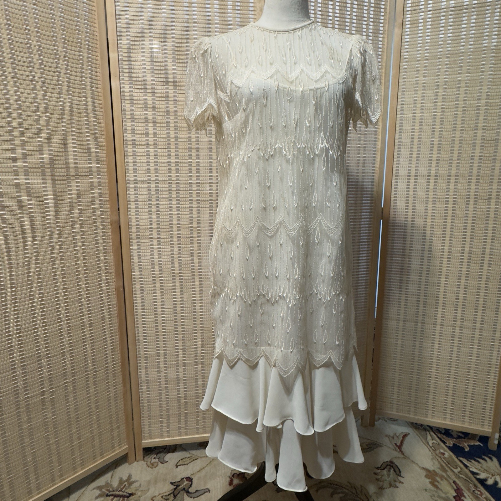 Vtg 70s 80s Sz S Gina Bacconi? Cream Lace Gatsby Wedding Party Art Deco Dress