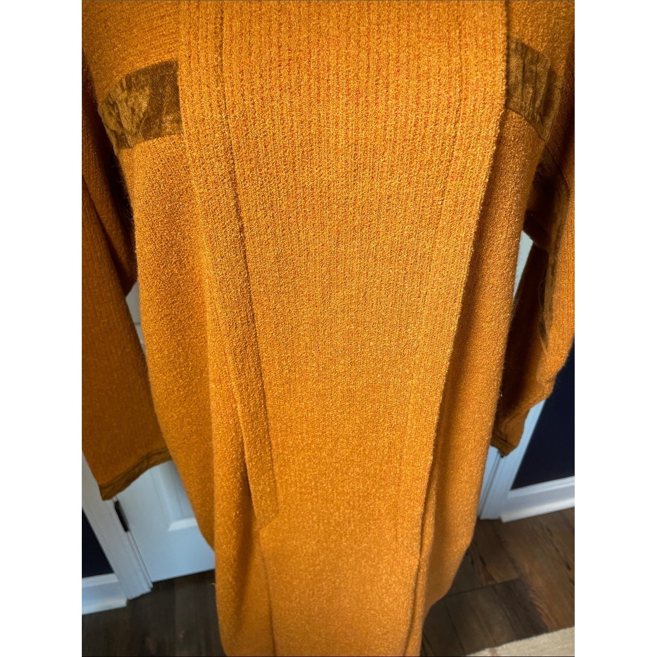 Vintage SPAZIO Italy Wool Knit Dress Orange Funnel Neck Velvet Trim Midi Maxi L