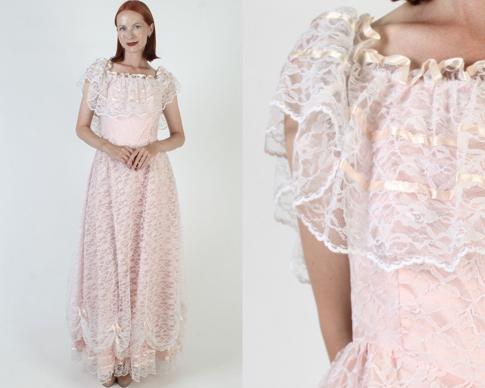 Vintage Dance Allure Prom Dress Alfred Angelo White Lace Pink Victorian Dress 11
