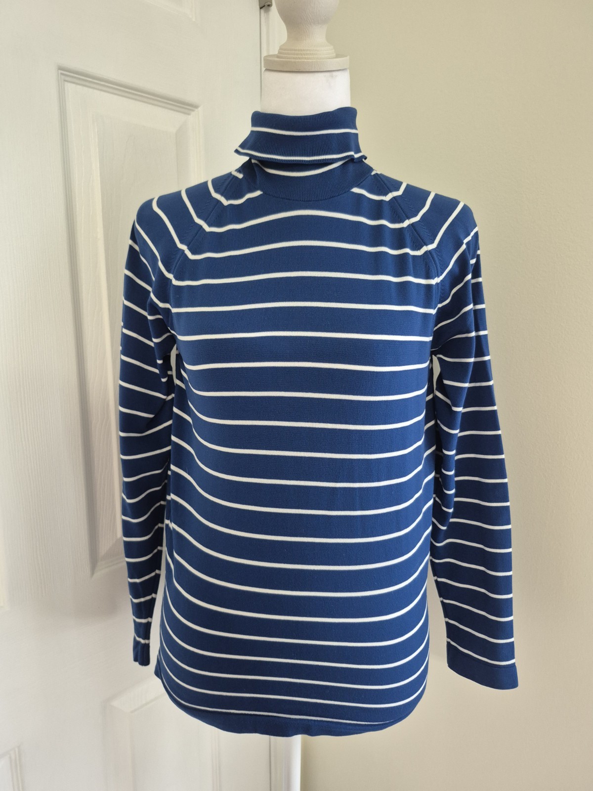 Vintage 70s Style Blue White Striped Ribbed Turtleneck Back Zip Women -Small