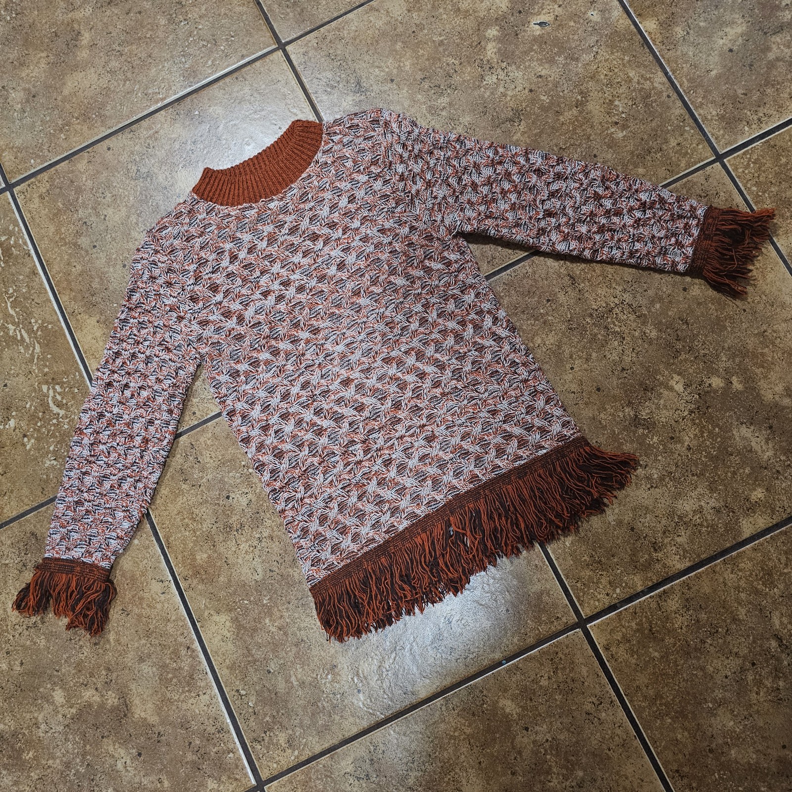 Vintage 70s Knit Sweater Tabby Fringe Orange White Black Acrylic Boho