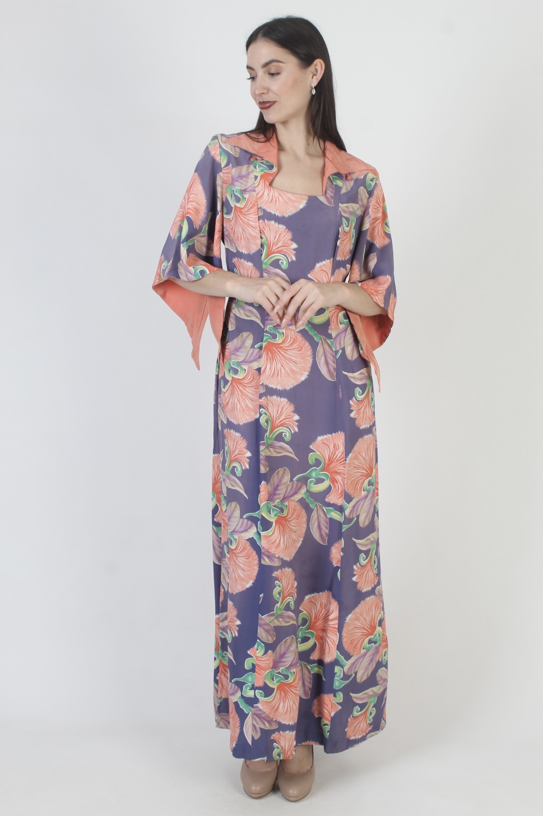 Vtg 40s Waikiki Sports Dress Honolulu Hawaii Rayon Kimono 50s MCM Tiki Pake Muu