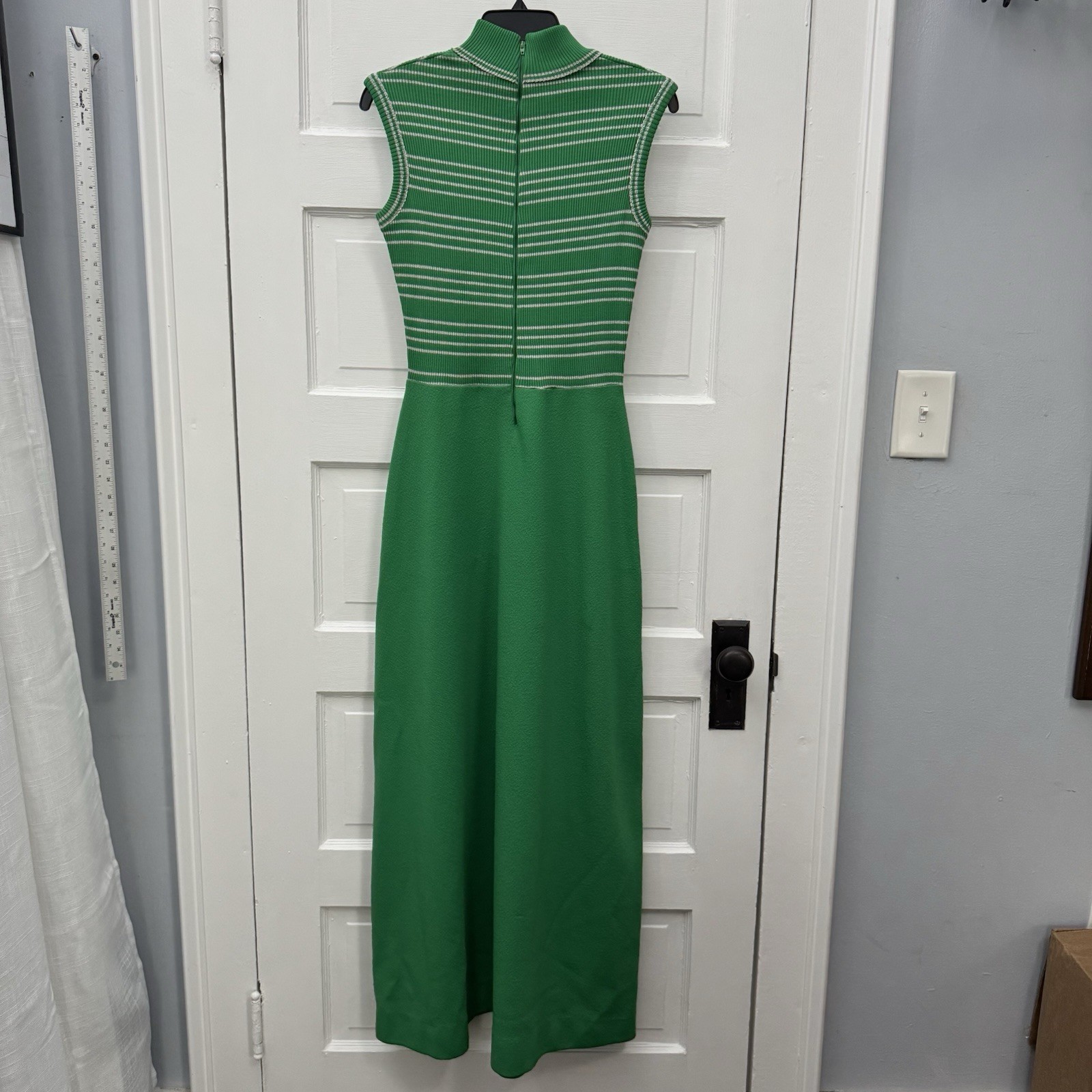 Vintage 60s 70s Green Mock Neck Maxi Dress XS Striped USA Sleeveless Mod