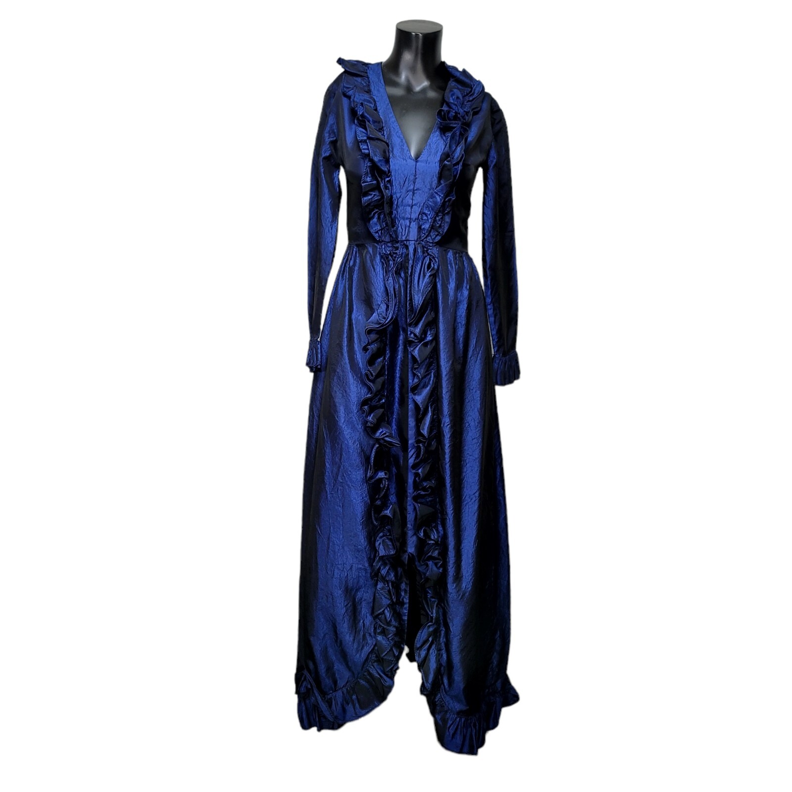 Vintage 70s Dan Leslie Womens S Midnight Blue Crushed Taffeta Ruffles Maxi Gown