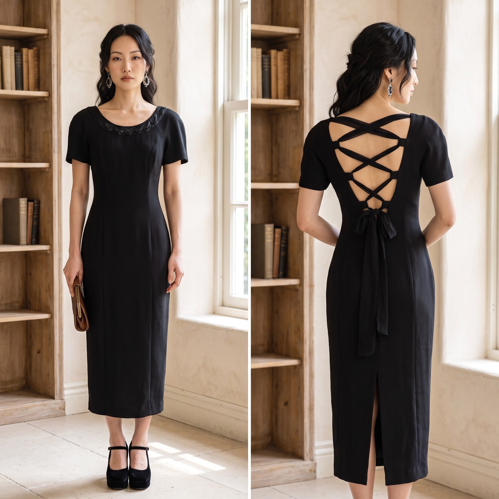 Vintage CDC Black Beaded Scoop Neck Lace Up Back Midi Sheath Dress Size 2