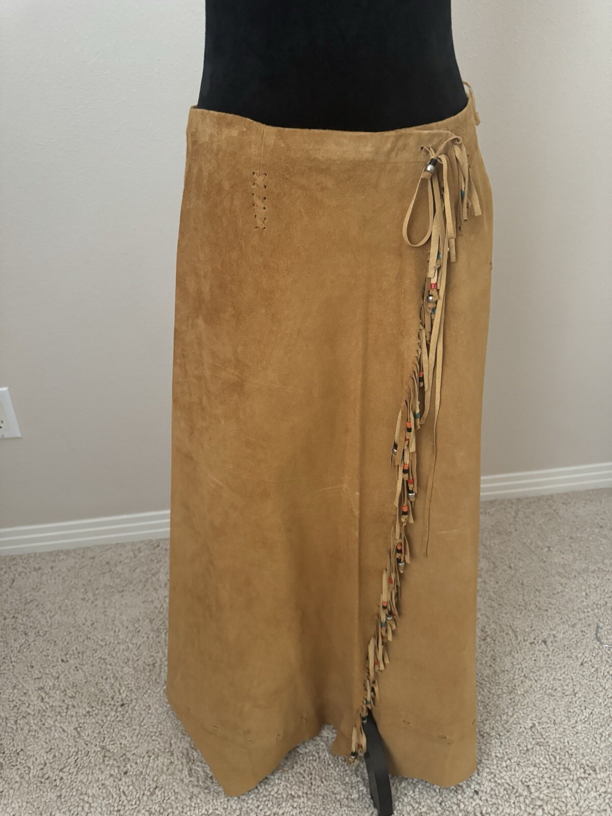 VINTAGE PIA RUCCI LILLIE RUBIN TAN SUEDE LEATHER BEADED FRINGE SKIRT NWT SIZE 14