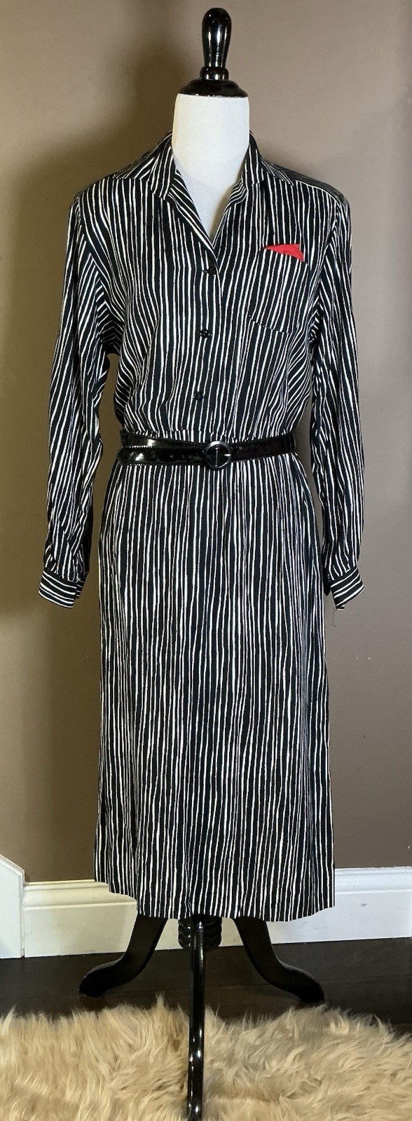 Vintage Petites By Willi 80s 90s Belted Black White Striped Shirt Dress