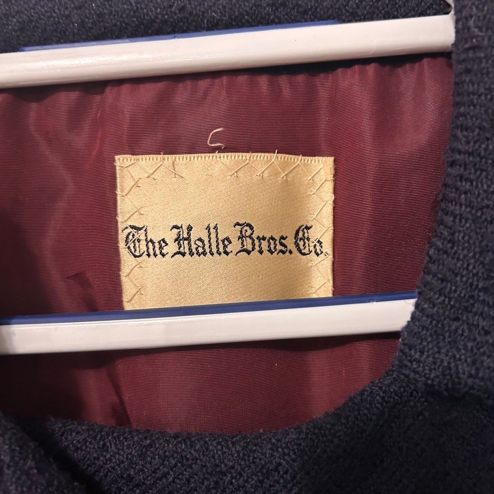 Vintage Halle Bros Co Navy Blue Wool Double Breasted Overcoat Union Made 22 PTP
