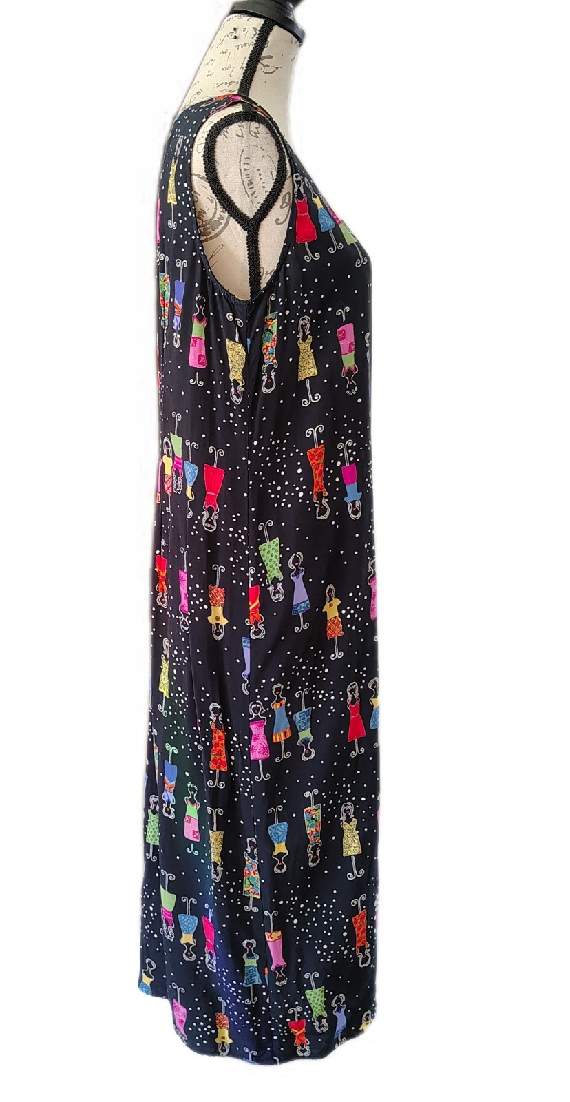 Vtg 90s Carol Anderson Petites Rayon Shift Dress L Figurative Art Novelty Print
