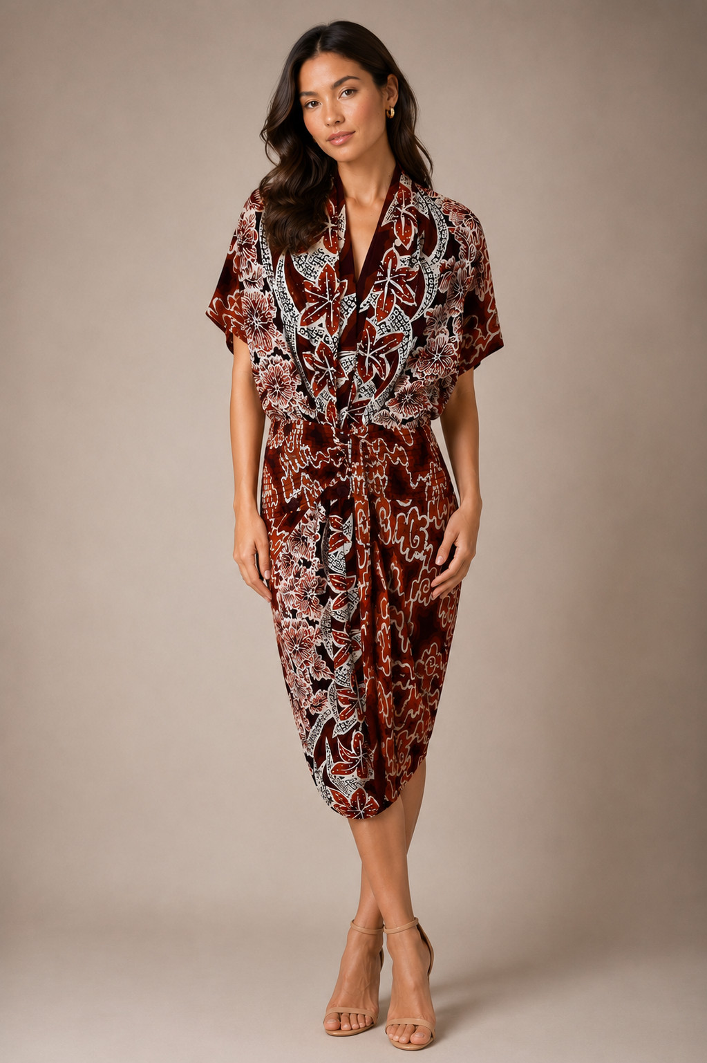 Vintage Barbara Barbara Rayon Wrap Effect Batik Print Dress Rust Cream Large