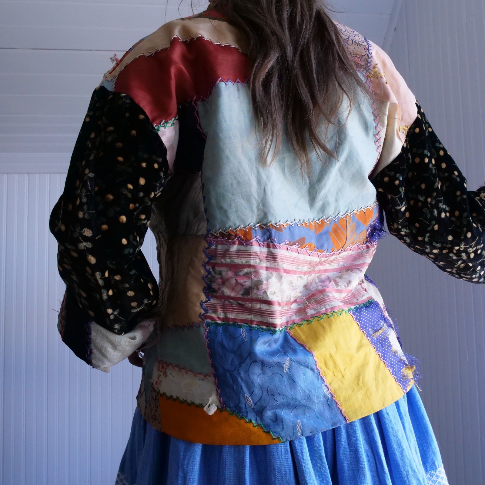 Vintage/antique handmade crazy quilt silk and velvet jacket