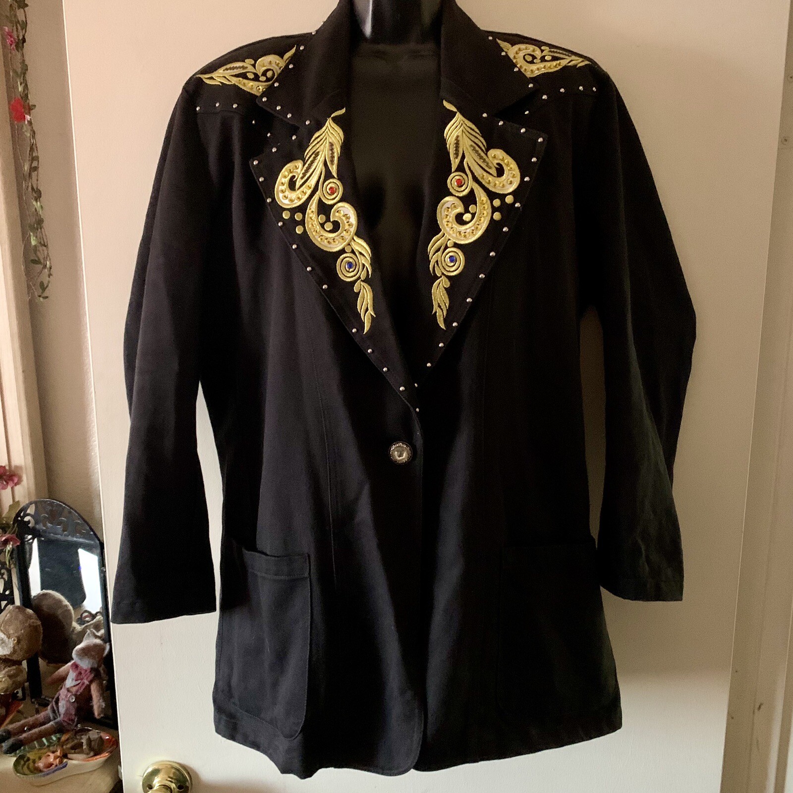 Vintage JenJen by Darian Blazer Black Denim Gold Embroidery Rhinestone Studded M