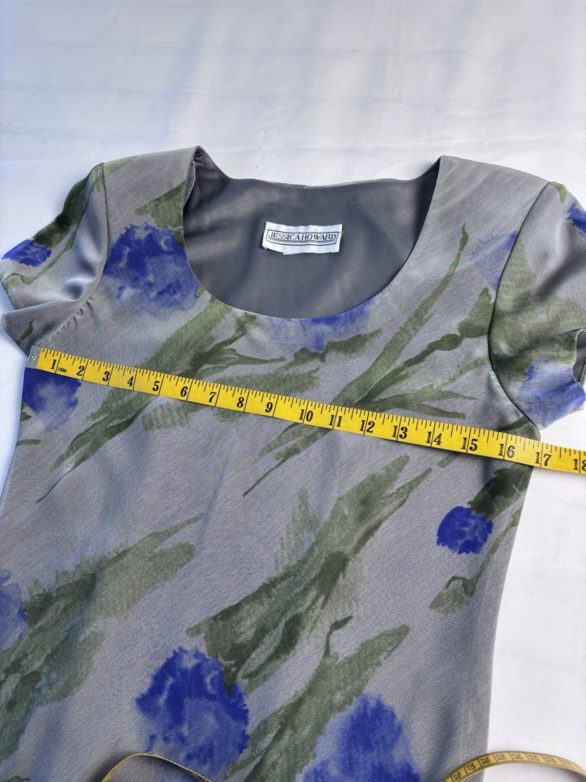 Vintage Jessica Howard Watercolor Floral Gray Silk-Look Maxi Dress Cottagecore