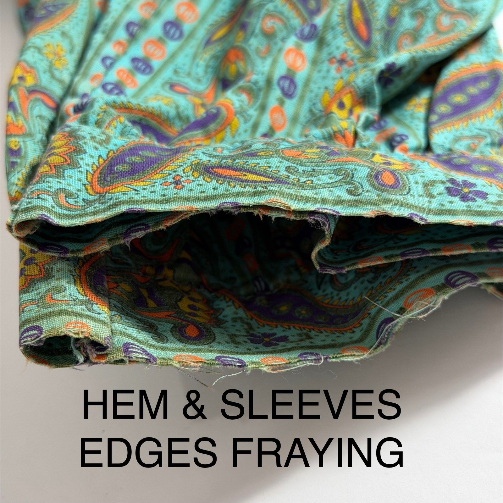50s 60s Crop Top Teal Paisley 3/4 Sleeve Tie Hem Sz 32 DISTRESSED AS IS