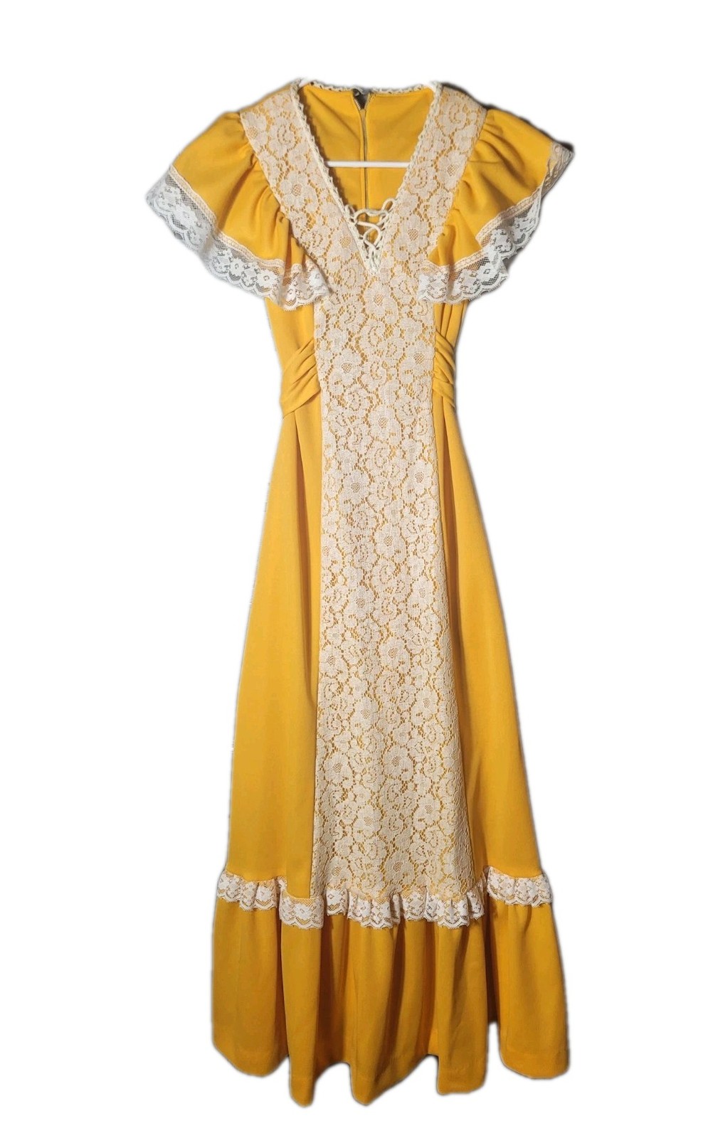 1970s Handmade Prairie Dress Maxi Cottage Coquette Mustard Gold SouthernBell 4/6